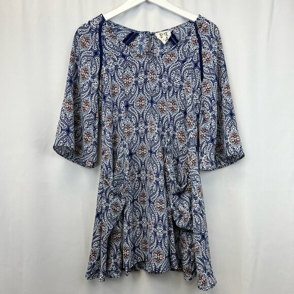 PPLA Womens Tunic Top Blue Paisley 3/4 Sleeve Scoop Neck USA XS Pockets - Picture 1 of 12